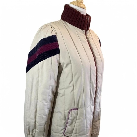 VTG 80s JCPenney Sz M Quilted Bomber Jacket Korea Cream Burgundy Stripe - Picture 3 of 9